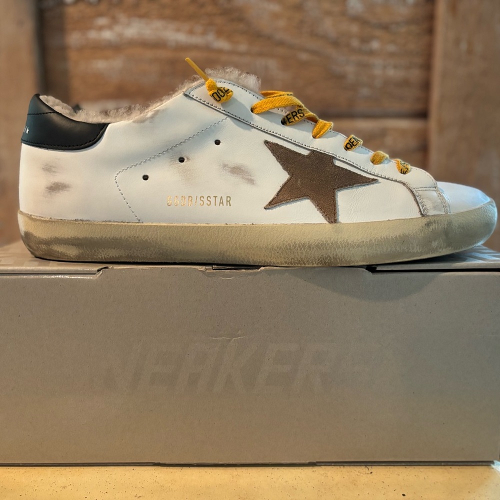 golden goose super star classic mens 44 shearling white/brown/navy blue